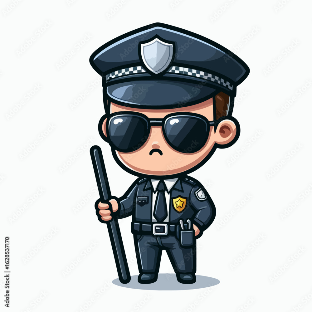 Fototapeta premium Stylized, cartoon rendering of a police officer, complete with a uniform, sunglasses, and a baton. The figure is presented in a simple, clear, and cheerful style.