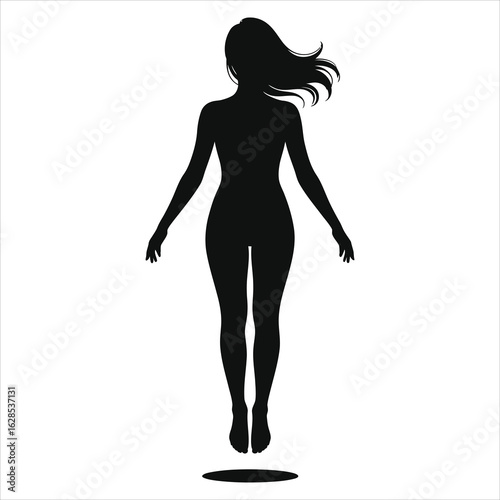 Silhouette of a woman levitating. Vector icon of freedom, spirituality, and peace. Symbol for soul, meditation, and weightlessness. Minimalist black graphic on a light background.