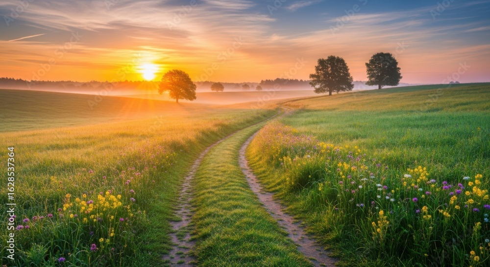 Obraz premium Peaceful Sunrise Path, Youthful Nature Scene