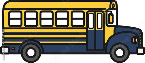 A side profile illustration of a classic yellow and blue school bus on a white background.