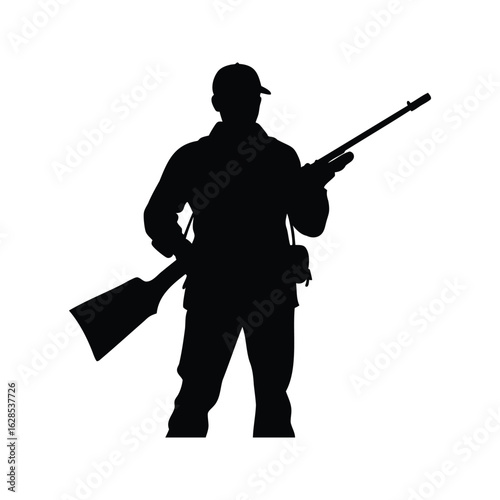 Silhouette of a Hunter with Rifle and Cap Standing Isolated on White Background