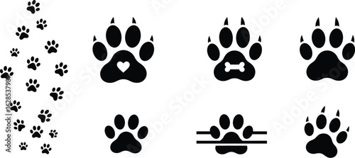 Dog Paw Prints and Animal Tracks: A Vector Set of Paw Icons with Heart and Bone Symbols for Pet-related Designs and Veterinary Concepts.