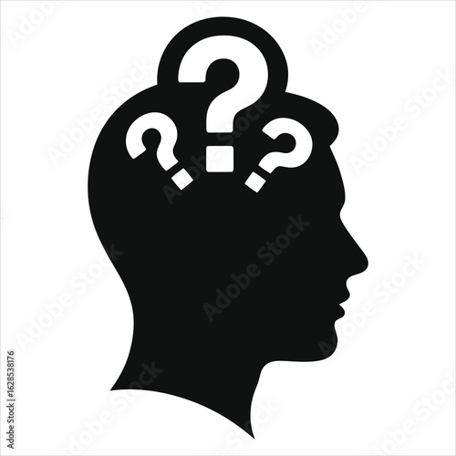 Question mark in head silhouette vector icon. Symbol of doubt, confusion, problem solving, and mental health. Black and white minimalist graphic for concepts of thinking, psychology, and curiosity.