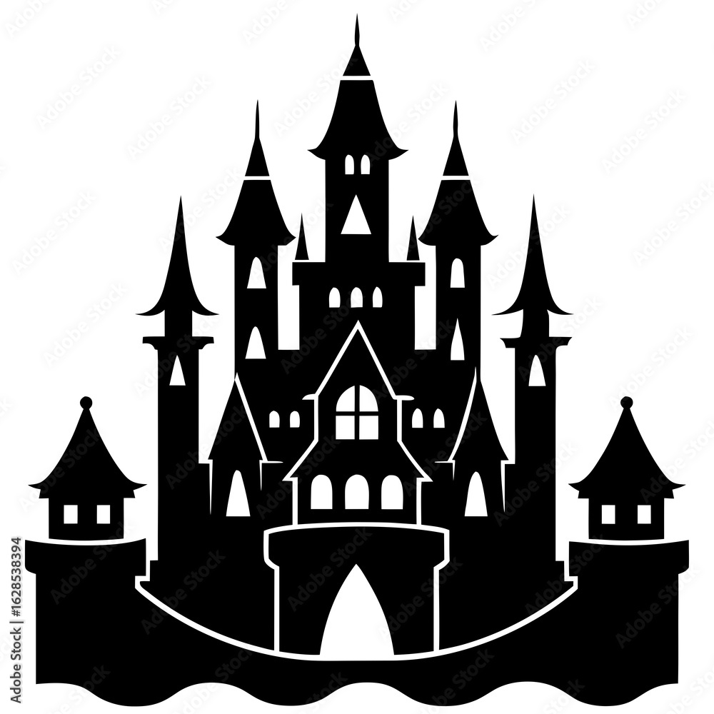 Fototapeta premium Majestic castle silhouette black vector white background