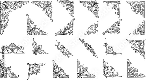 ornate antique corner frames and decorative elements, a collection of vintage flourishes and swirls for classical design, vector illustration

.
