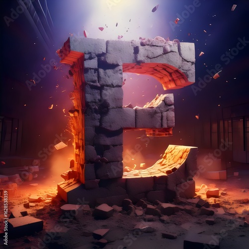 3D alphabet characters made of bricks, apocalyptic fiery background