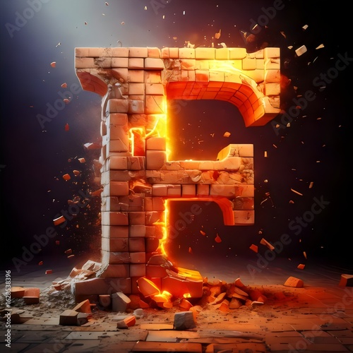 3D alphabet characters made of bricks, apocalyptic fiery background