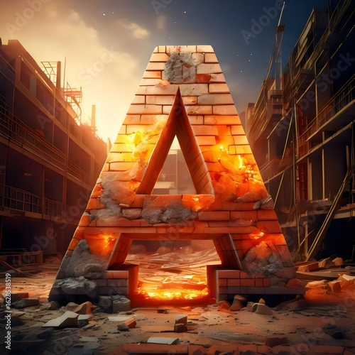 3D alphabet characters made of bricks, apocalyptic fiery background