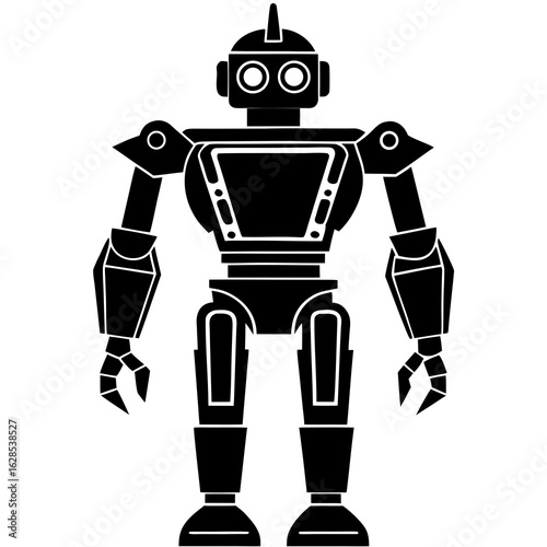 Retro robot standing on white vintage android