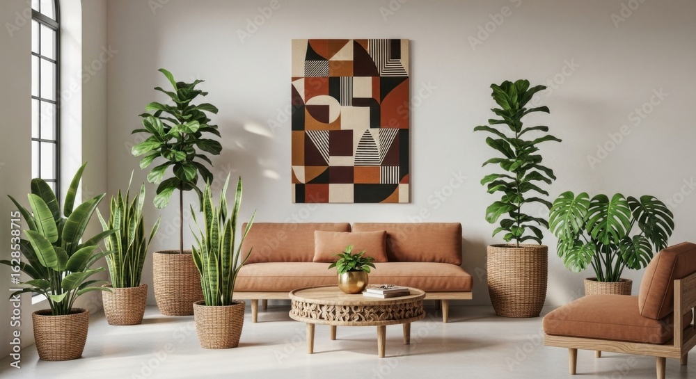 Fototapeta premium Interior with Geometric Art, Plants, and Earth Tones: A Modern Living Space