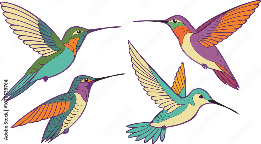 Obraz premium Beautiful tropical bird, hummingbird in isolated white background, watercolor illustration, Hummingbirds watercolor clipart set tropical birds flying green blue yellow orange illustration for wall art