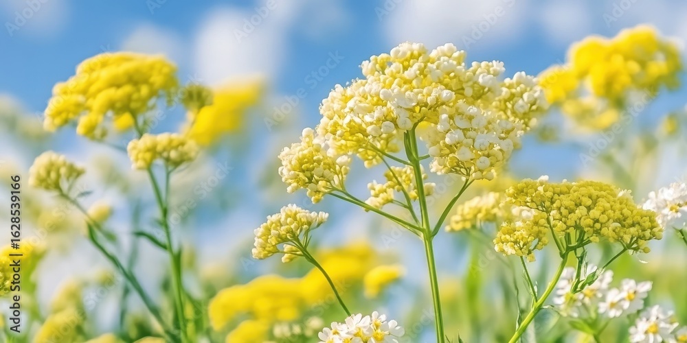 Beautiful panorama of a flowering rapeseed field Against the background of a blurred blue sky Beautiful panorama of a flowering rapeseed field Against the background of a blurred blue sky