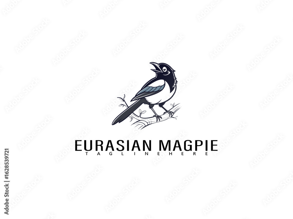 Fototapeta premium Cute line art Eurasian Magpie resting on a branch, surrounded by falling leaves and tiny hearts, perfect for soft nature prints, wildlife storybooks, or eco branding.