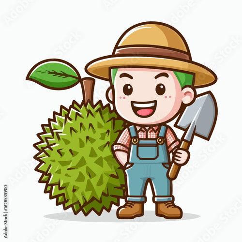 Cheerful cartoon boy farmer is depicted next to a large durian fruit, showcasing a friendly and wholesome illustration.