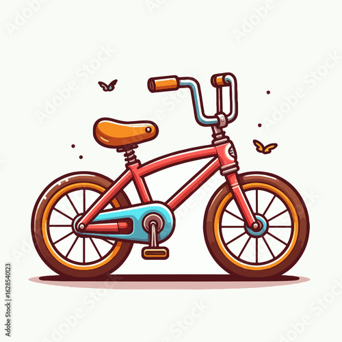 Vibrant, child-friendly bicycle illustration, depicted in a cartoonish style, on a pure white background. The bicycle is presented in a profile view, with its colorful parts clearly visible.