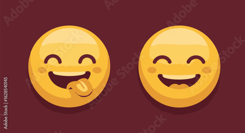 Two playful, cartoon smiley faces express joyful, happy emotions. One playfully sticks its tongue out.