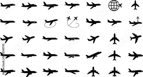 Airport and Airplane Travel Icons: A Diverse Set of Aircraft, Flight, and Aviation Symbols for Travel Agency, Logistics, and Tourism Design

.