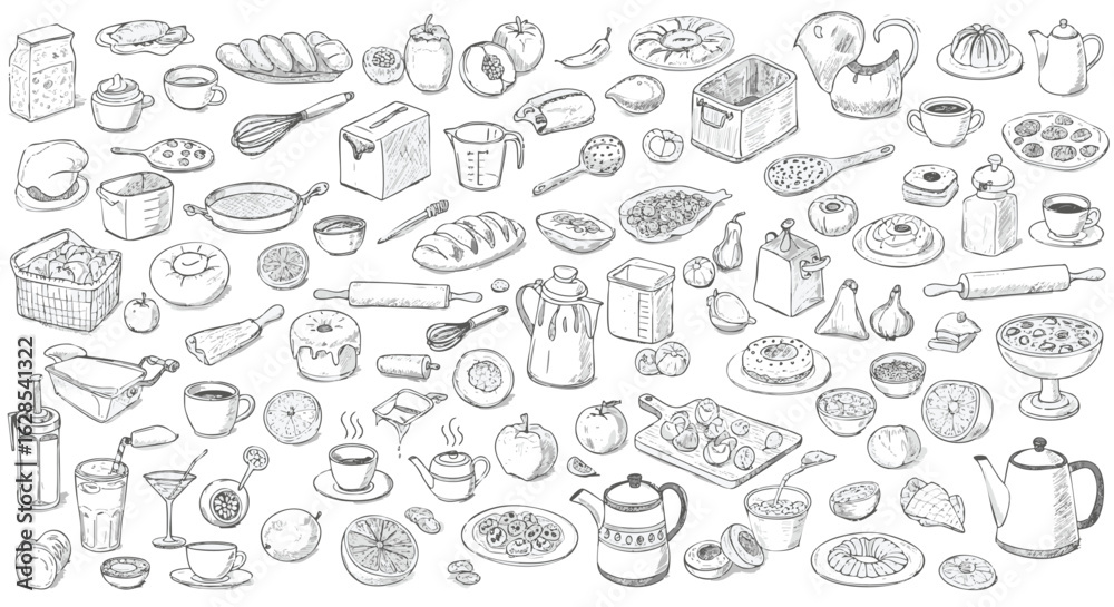 Extensive hand-drawn collection of food, drink, and kitchenware items.