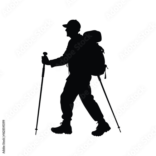 Silhouette of a hiker walking with trekking poles and wearing a backpack