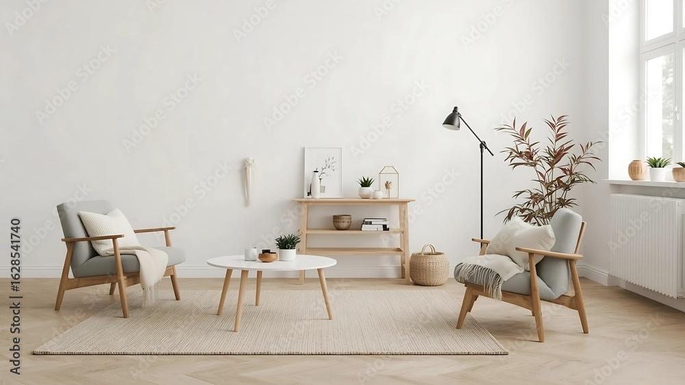 Fototapeta premium Modern Scandinavian living room with neutral tones, cozy sofa, pampas grass, wooden furniture, and minimalist decor for a warm and inviting atmosphere