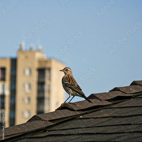 Songbird Perched on Rooftop in Urban Area