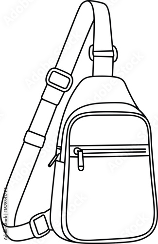 Cad Drawing Flat Vector Illustration, Sling Bag, Fashion Sketch, Minimalist Backpack Design, Line Art, Technical Accessory Outline, Monochrome Style