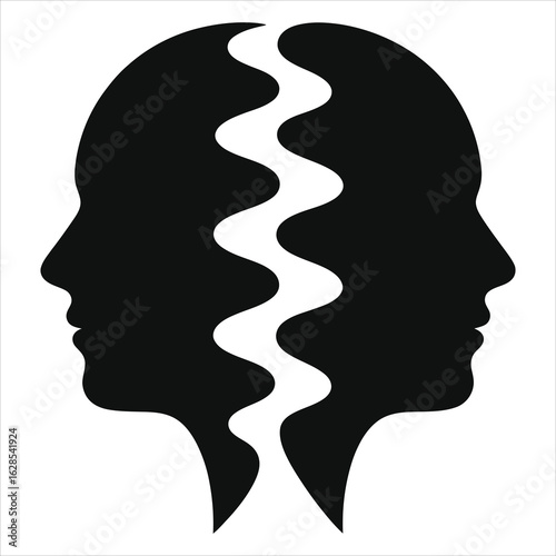 Two Silhouettes Facing Opposite Directions, Separated by a Wavy Line.