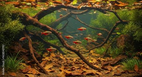 Serene Underwater Forest Scene with School of Red Neon Tetras Amidst Driftwood and Autumn Leaves