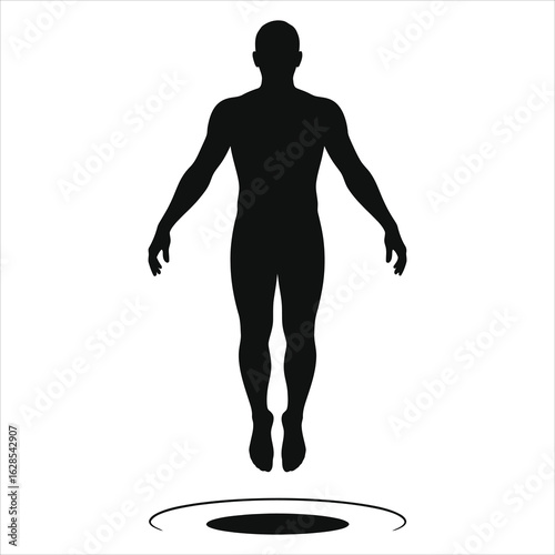 Silhouette of Human Figure Floating Above Portal, Minimalist Black and White Concept, Levitation, Mystery, Abstract Art, Surrealism, Science Fiction, Futuristic Design, Isolated on White Background