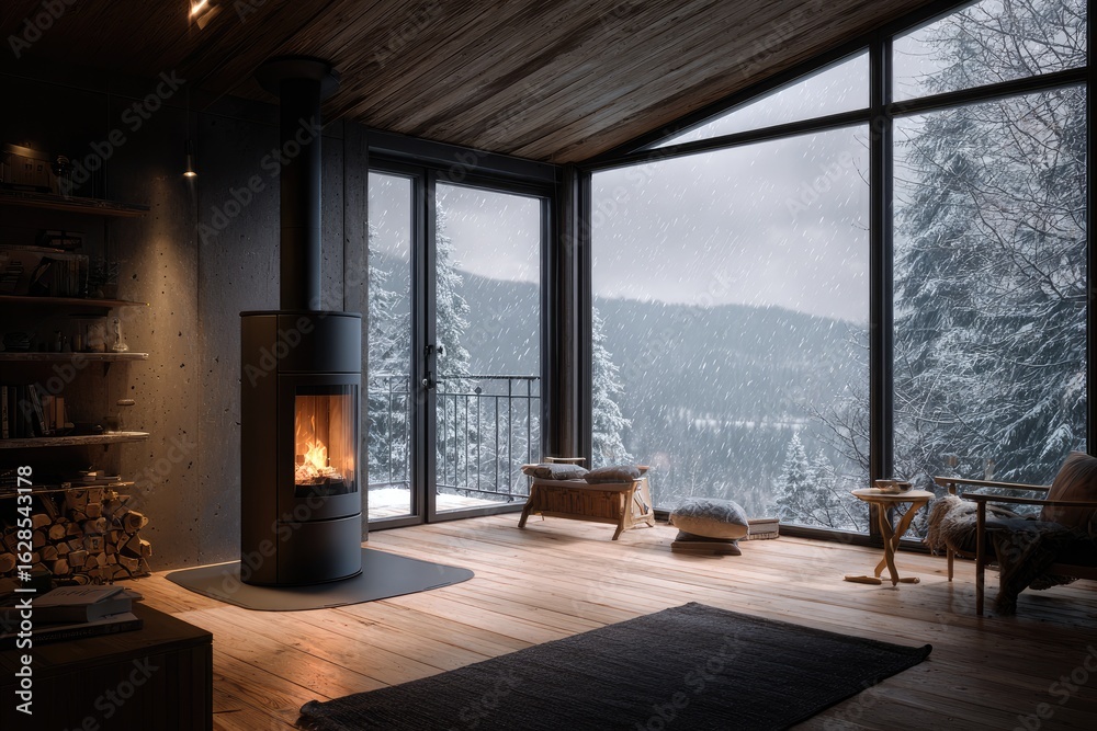 Obraz premium Cozy winter cabin with a wood-burning stove. Large windows overlook a snowy mountain landscape
