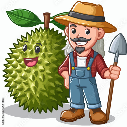 Cartoon depiction of a farmer standing beside a durians fruit,  smiling happily.  The farmer is dressed in overalls and a hat.