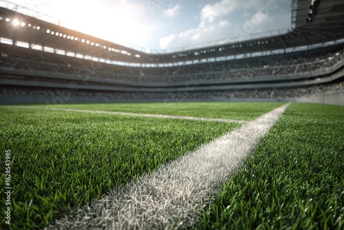 Massive stadium, filled stands, vibrant green field