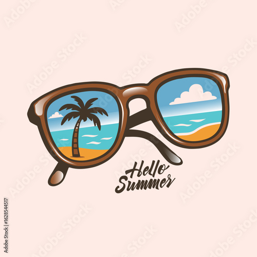 Summer sunglass print design. sunglass with beach print design. Hello summer poster design.  cartoon retro sunglasses rainbow, summer vibes t shirt design.