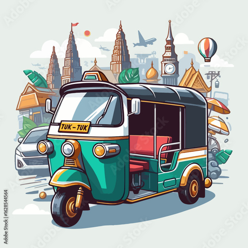 Vibrant illustration of a tuk-tuk, situated amidst diverse landmarks, hinting at global travel experiences and a mix of cultures.