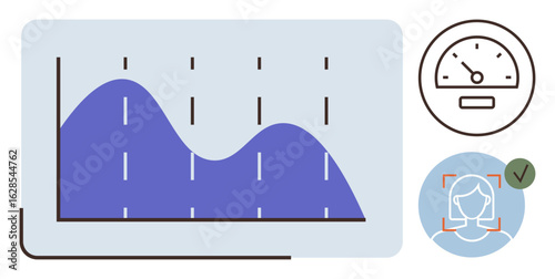 Blue fluctuating line graph, speedometer gauge, and a verified facial recognition graphic. Ideal for data analysis, performance metrics, monitoring, technology, identity verification, trends