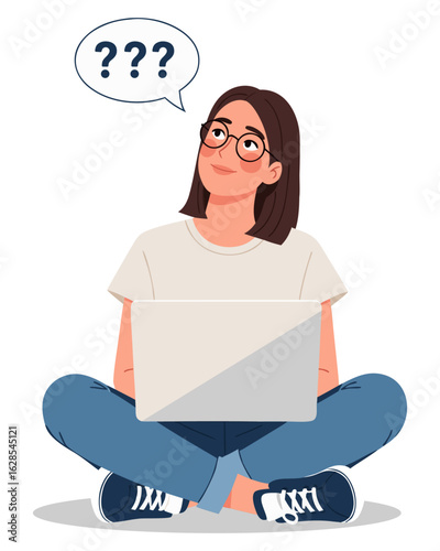 Woman Thinking About a Problem While Using a Laptop with a Question Mark Overhead