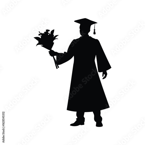 A proud graduate holding a bouquet of flowers during their graduation day