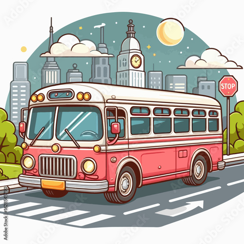 Vibrant cartoon illustration depicts a vintage bus navigating a city street at night.  The image's style is characterized by its flat colors and simple lines.