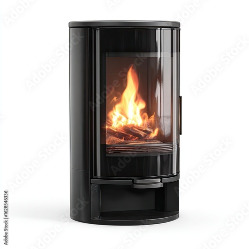 Cylindrical black wood stove, featuring a glass viewing panel, showcasing a warm, orange-yellow fire