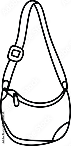 Stylish shoulder bag, vector flat sketch, fashion accessory illustration, black and white CAD drawing for apparel, technical design, Adobe Stock