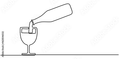 Wine glass and wine bottle continuous one line drawing, Single one line art, linear style, isolated on a white background