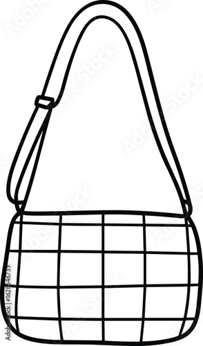 Trendy shoulder bag line art, minimalist fashion accessory, black and white vector, stylish handbag illustration, modern design, fashion sketch, cad drawing flat vector illustration