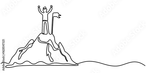 Man mountains continuous one line drawing, Drawing of man with flag on mountain peak concept for achievement. Single continuous line art style.