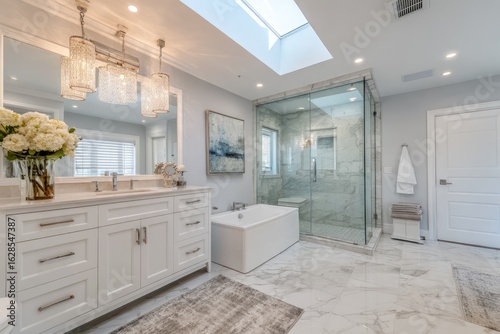 Luxurious, bright bathroom with a modern design.  Large, white vanity with marble countertop and glass shower enclosure.  Skylight illuminates the space