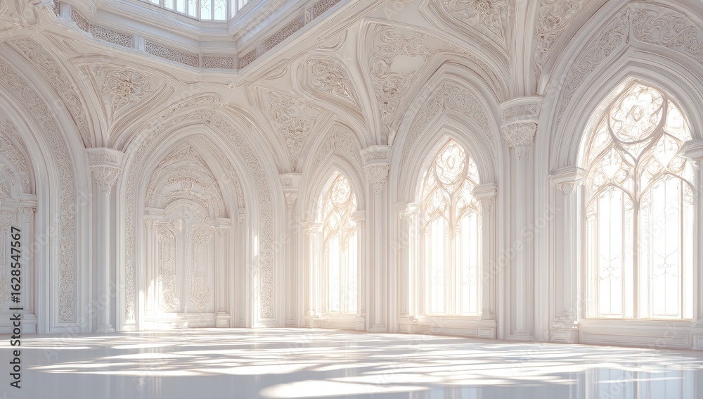 Fototapeta premium Grand, white, ornate hall with arched windows. Sunlight streams in