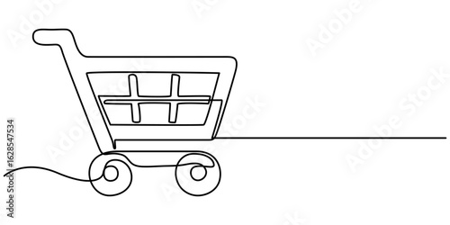 A continuous line drawing of a shopping cart offering a simple and modern design for retail concepts, Supermarket Shopping cart icon concept. 