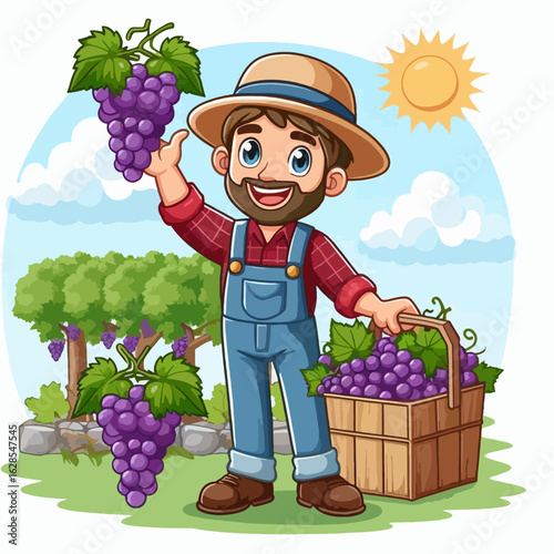 Cartoon illustration of a man in a straw hat, holding bunches of grapes and a basket, set against a background of a garden.