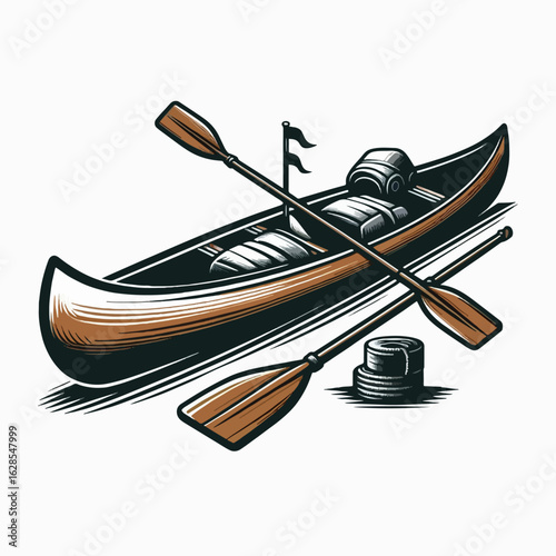 Stylized graphic representation of a canoe, paddles, and associated equipment set against a white background.  The image displays detailed elements of the boat and its accessories.