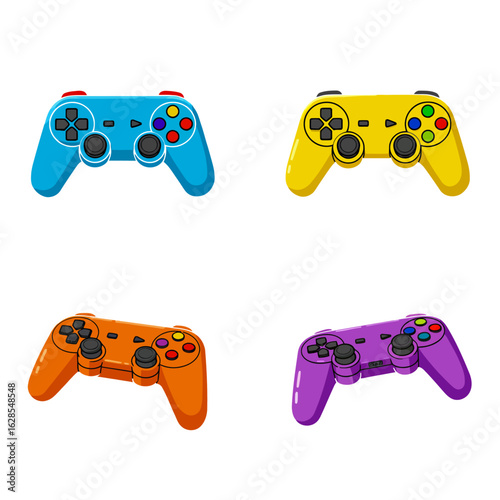Four colorful game controllers arranged in a square format, each a different color: blue, yellow, orange, and purple.