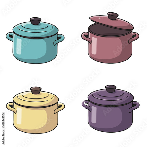 Four colorful cartoon-style cooking pots with lids, displayed in a grid pattern.